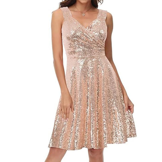 Damen Glitzerndes Cocktailkleid mit schwingendem Rock und V-Ausschnitt Heidi-Mode