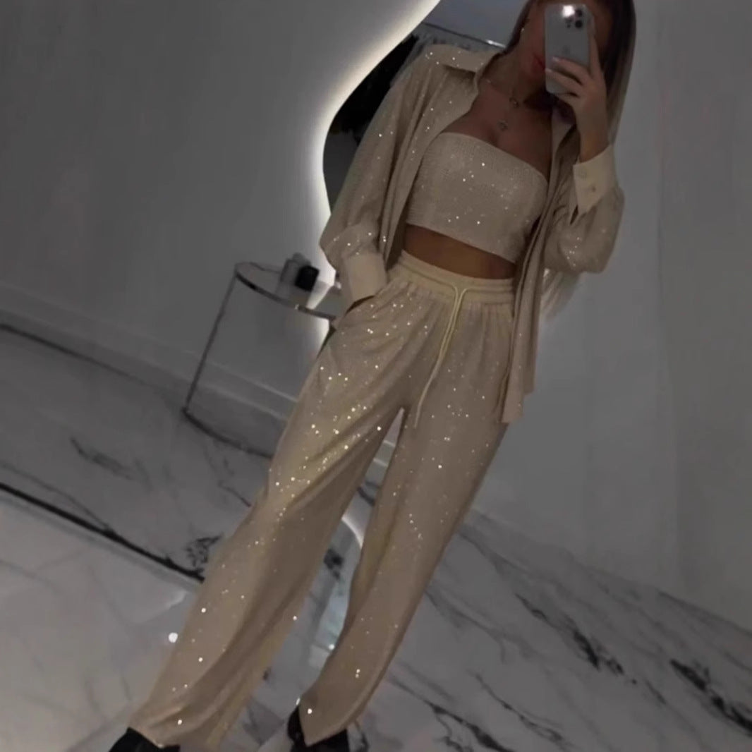 Damen Glitzerndes Lounge-Set mit modischer Jacke und komfortabler Hose Heidi-Mode