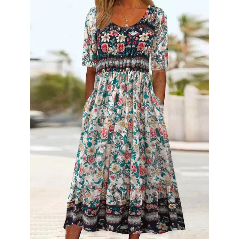 Heidi-Mode | Bedrucktes Kleid Rundhalsausschnitt Kurzarmrock