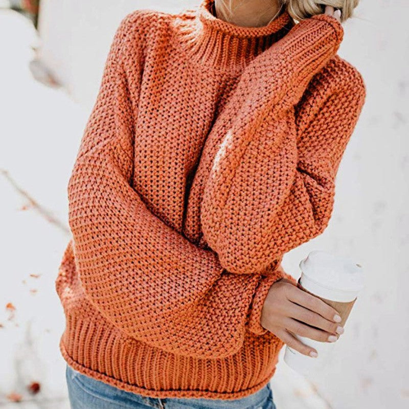 Damen Grobstrick Pullover mit Stehkragen und voluminösen Ärmeln Heidi-Mode