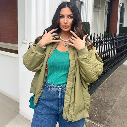 Damen oversized Bomberjacke mit technischen Details und praktischen Taschen Heidi-Mode