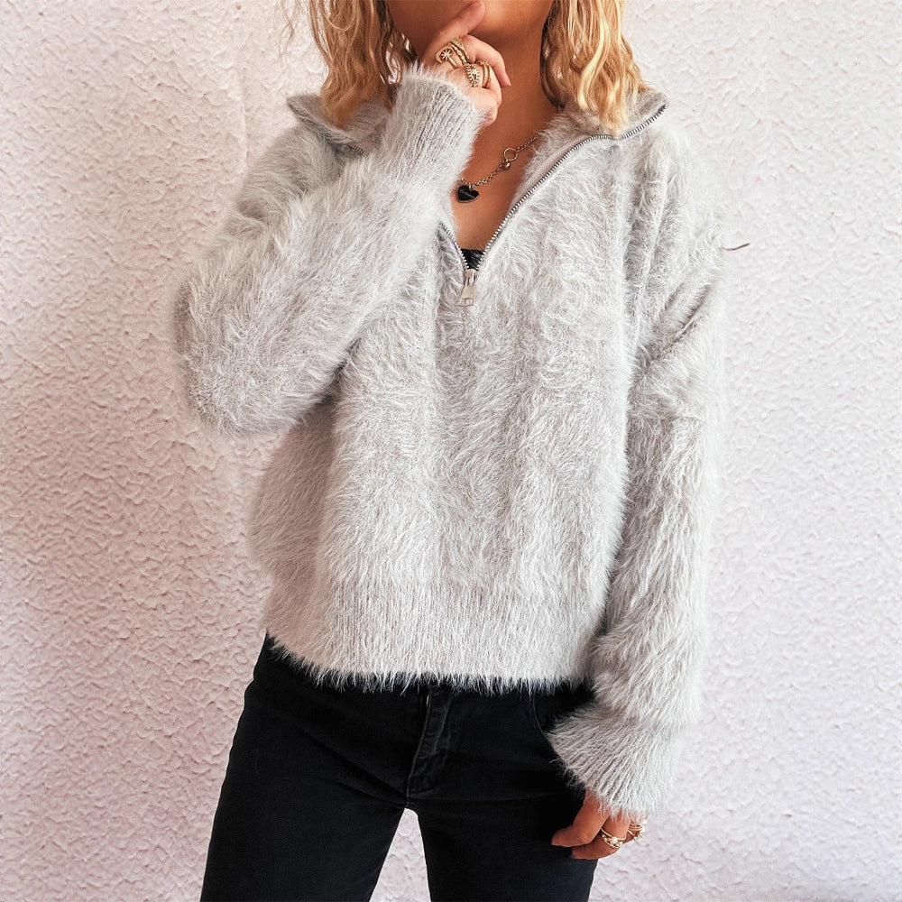 Damen kuscheliger Pullover mit hohem Kragen und Reißverschluss Heidi-Mode