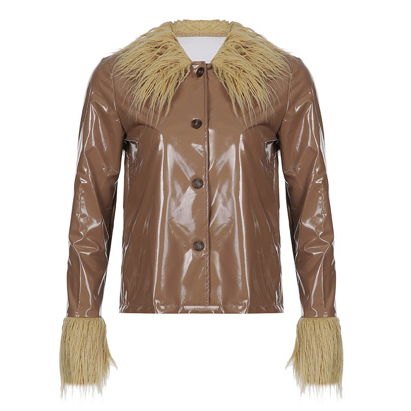 Damen modischer Lackmantel mit kuscheligem Kunstfellkragen Heidi-Mode