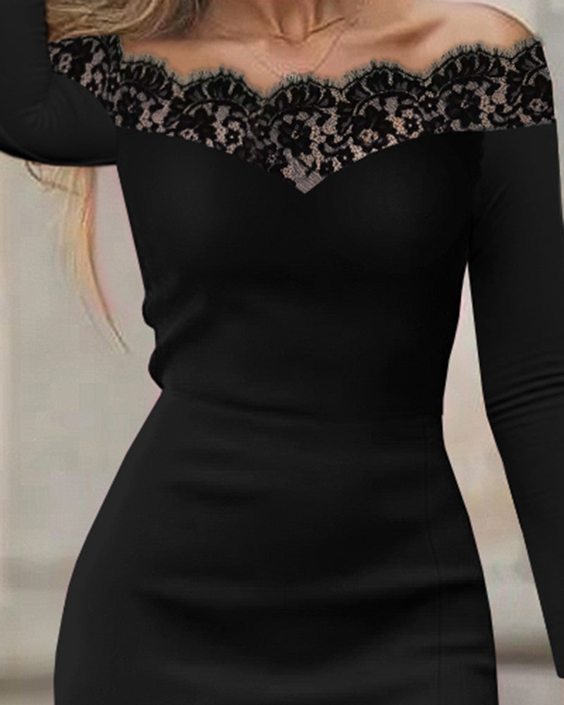 Heidi-Mode | Spitzen-Ausschnitt Figurbetont Schwarzes Kleid