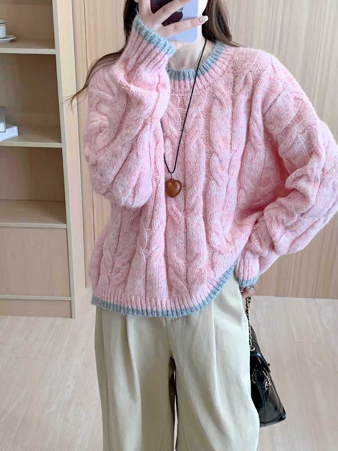 Damen Grob gestrickter Pullover mit Zopfmuster und Rundhalsausschnitt Heidi-Mode