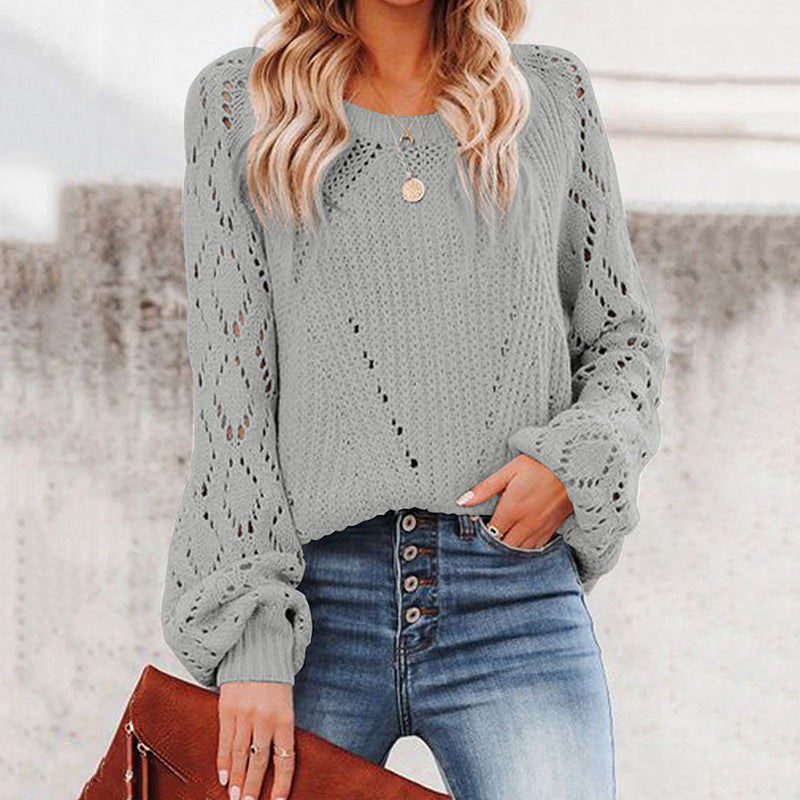 Damen Strickpullover mit romantischem Häkelmuster und voluminösen Ärmeln Heidi-Mode