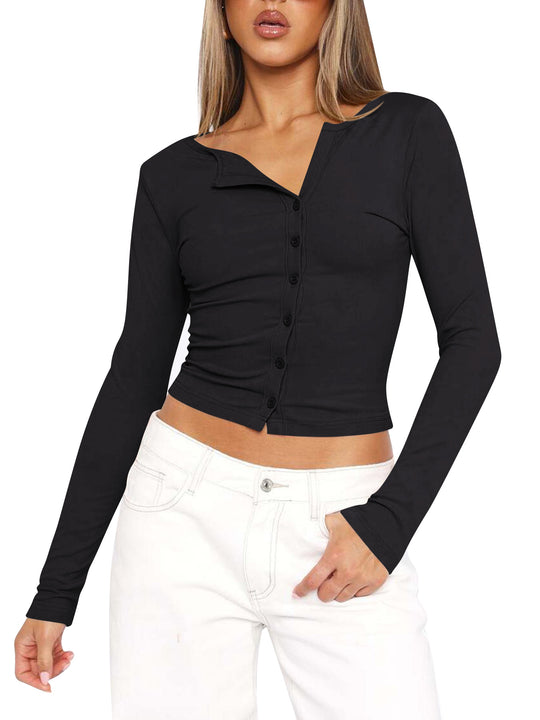 Damen figurbetontes Langarmshirt mit Knopfleiste und V-Ausschnitt Heidi-Mode