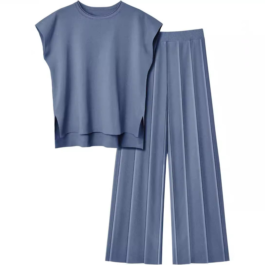 Damen elegantes Set mit kurzärmligem Oberteil und plissierter Hose Heidi-Mode