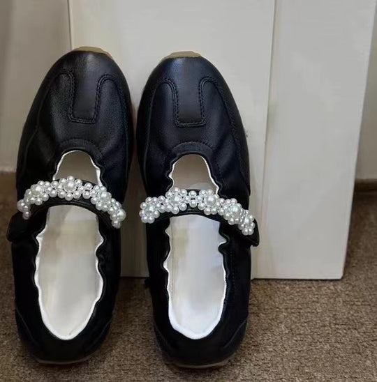 Damen Leder Ballerina Flats mit Perlmutt-Detail Heidi-Mode