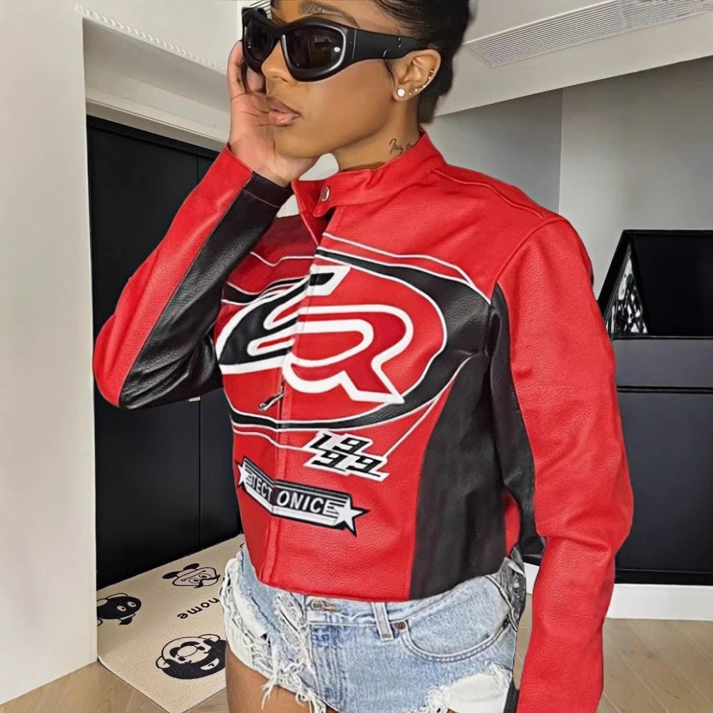 Damen cropped Kunstlederjacke mit kontrastierenden Farbdetails Heidi-Mode