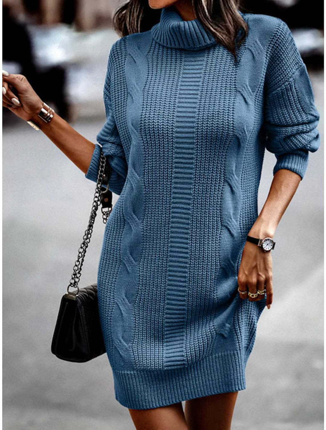 Damen Strickkleid mit Rollkragen und Zopfdesign Heidi-Mode