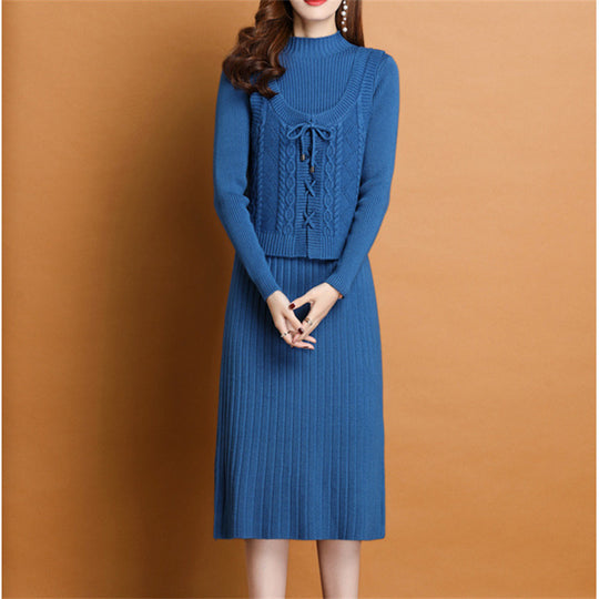 Damen elegantes Strickkleid mit hochgeschlossenem Kragen und dekorativem Zopfdesign Heidi-Mode