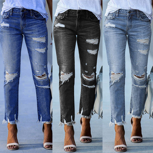 Damen Ripped High-Waist Jeans mit fransigem Saum und modischen Destroyed-Details Heidi-Mode