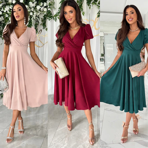 Damen A-Linie Kleid mit Puffärmeln und schmalem V-Ausschnitt Heidi-Mode