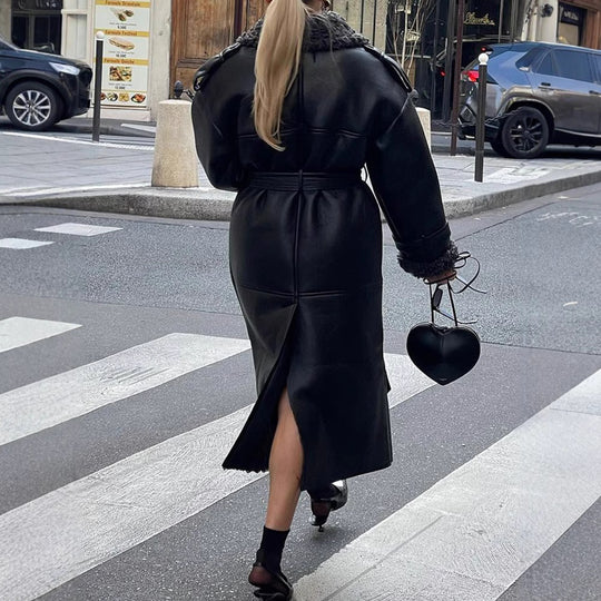 Damen Oversized Kunstledermantel mit strukturiertem Innenfutter Heidi-Mode