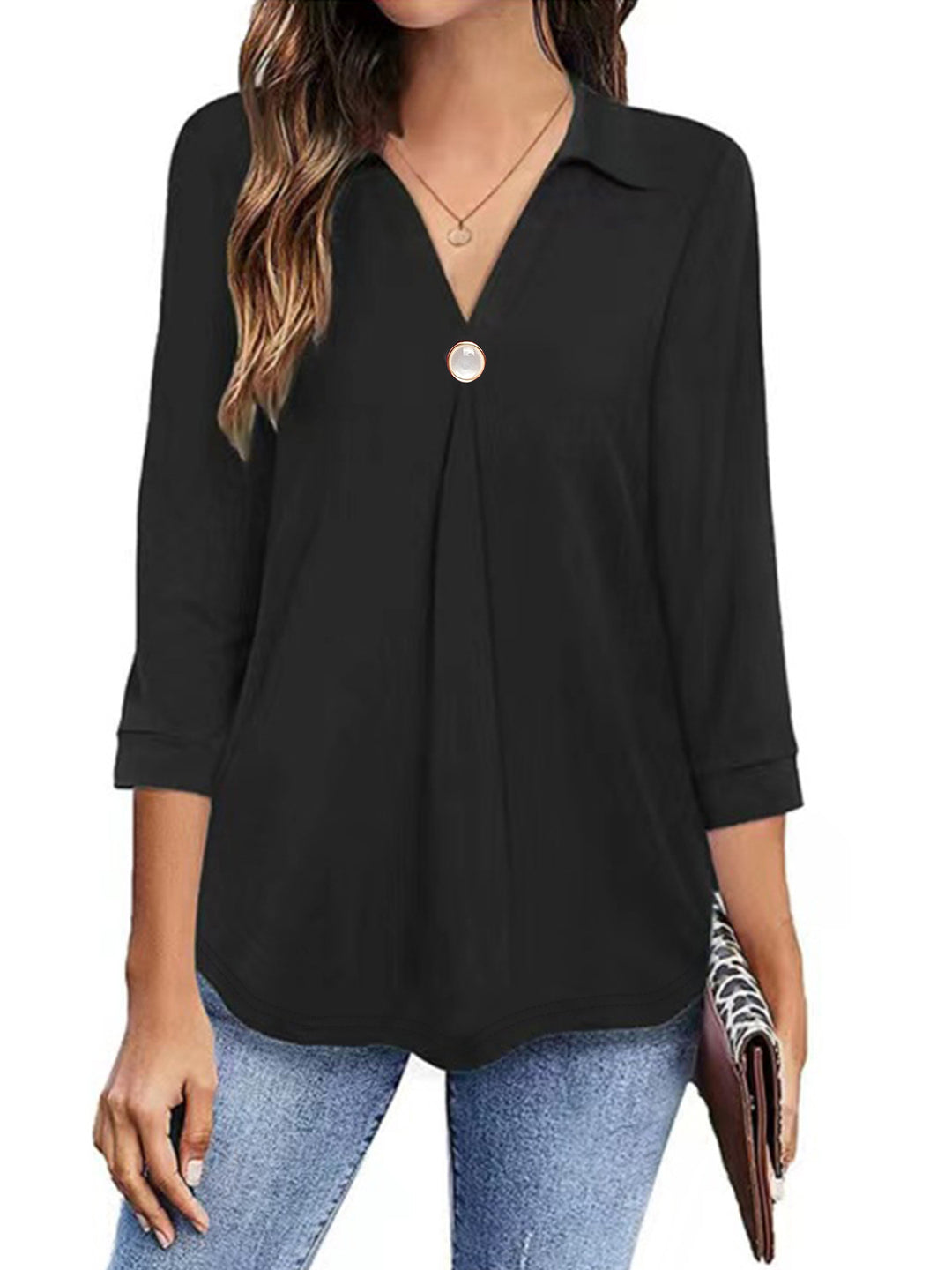 Damen Langarm Bluse mit elegantem V-Ausschnitt und dekorativen Falten Heidi-Mode