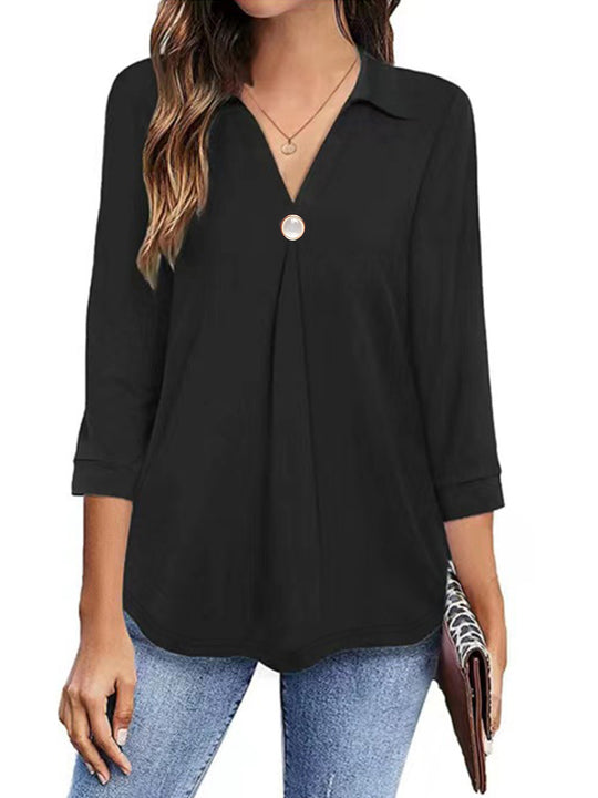 Damen Langarm Bluse mit elegantem V-Ausschnitt und dekorativen Falten Heidi-Mode