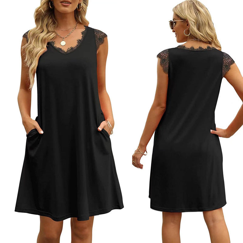Damen ärmelloses Kleid mit Spitzendetail und seitlichen Taschen Heidi-Mode