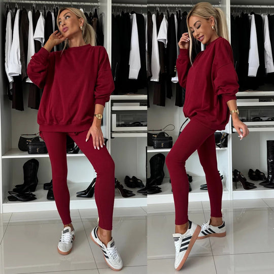 Damen lässiges Baumwoll-Lounge-Set mit Rundhalsausschnitt und engen Leggings Heidi-Mode