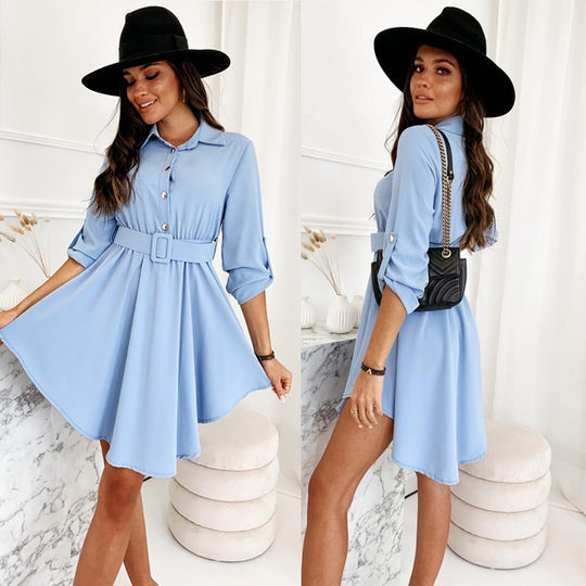 Damen Hemdblusenkleid mit taillierter Gürtel und asymmetrischem Saum Heidi-Mode