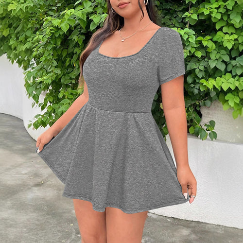 Damen Kurzarm Kleid mit geflattertem Rock und modernem Ausschnitt Heidi-Mode