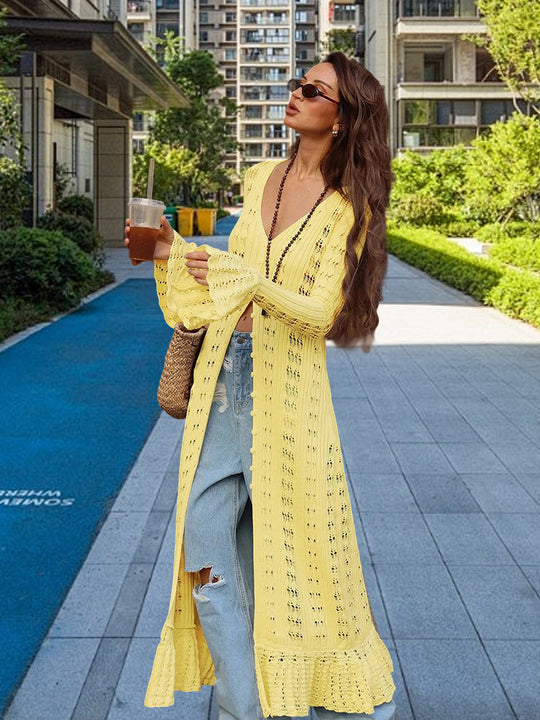 Damen Großer Strickcardigan mit offener Maschenstruktur und weit geschnittenen Ärmeln Heidi-Mode
