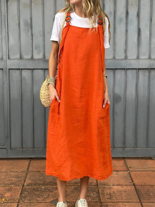 Damen lässiges Leinen-Trägerkleid mit praktischen Taschen Heidi-Mode