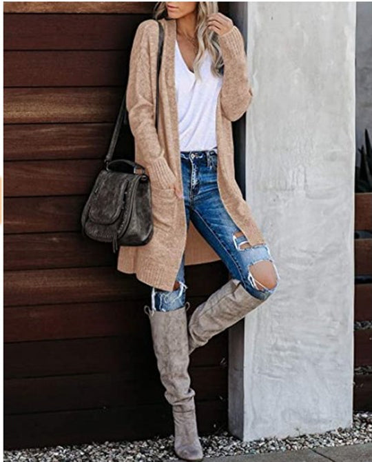 Damen Lange Strickjacke mit offenem Schnitt und lässigem Design Heidi-Mode