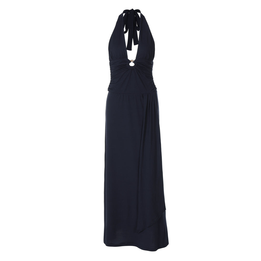 Damen Maxi-Kleid mit schickem Halterneck und raffinierter Drapierung Heidi-Mode