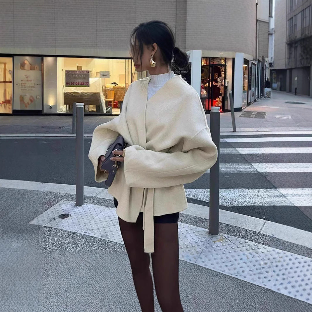 Damen modische Wickeljacke mit Gürtel und weiten Ärmeln Heidi-Mode