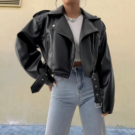 Damen Kunstleder Bikerjacke mit weitem Schnitt und umfangreichen Details Heidi-Mode