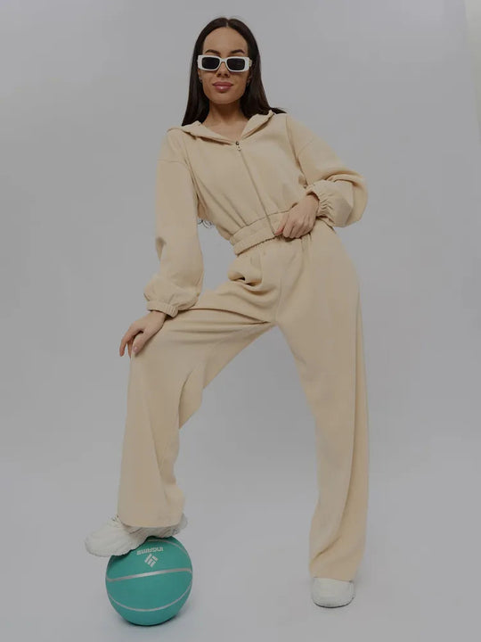 Damen Thermo Fleece Trainingsanzug mit Kapuze und weitem Bein Heidi-Mode