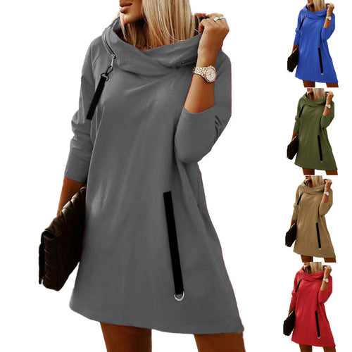 Damen modisches Sweatkleid mit großzügigem Kragen und Taschen Heidi-Mode