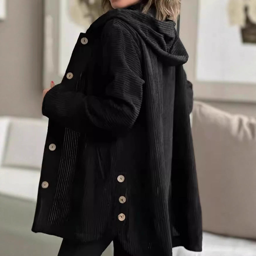 Damen Lässige cordjacke mit Kapuze und großen Knöpfen Heidi-Mode
