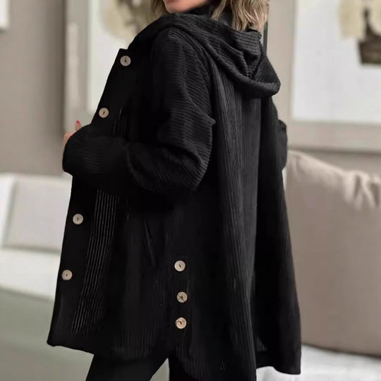 Damen Lässige cordjacke mit Kapuze und großen Knöpfen Heidi-Mode