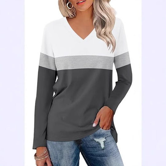 Damen Langarmshirt mit V-Ausschnitt und modernen Farbblöcken Heidi-Mode