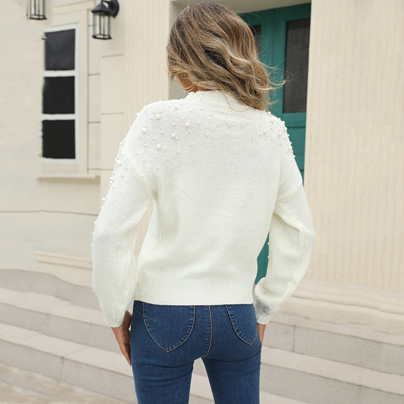 Damen kuscheliger Pullover mit feinem Strukturmuster und dekorativen Perlendetails Heidi-Mode
