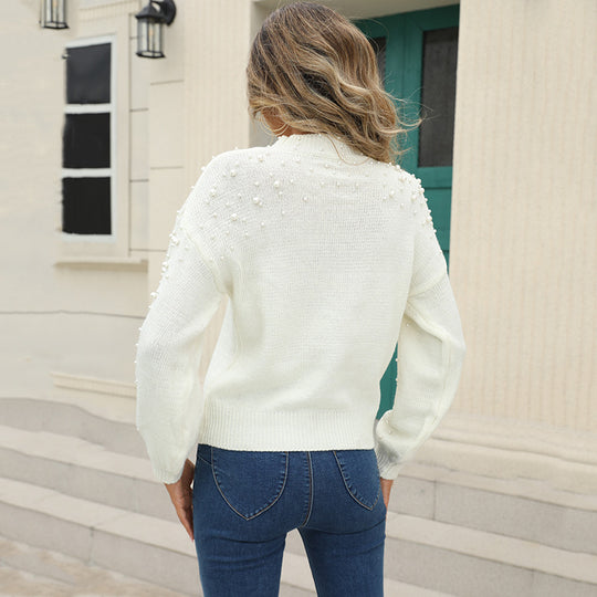 Damen kuscheliger Pullover mit feinem Strukturmuster und dekorativen Perlendetails Heidi-Mode