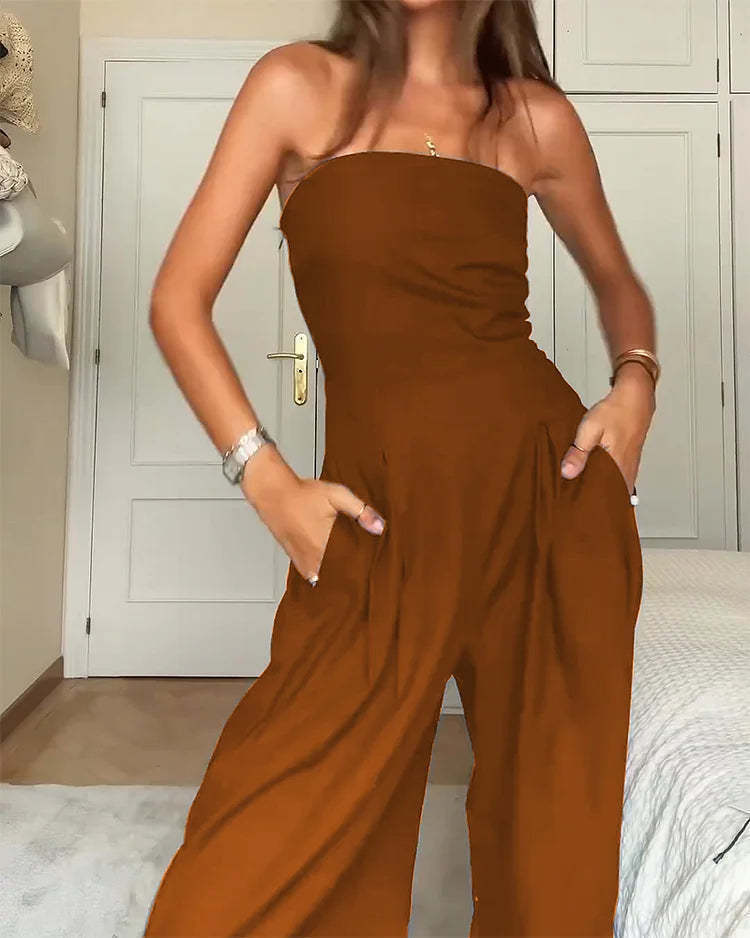 Damen trägerloser Jumpsuit mit weitem Bein und seitlichen Taschen Heidi-Mode