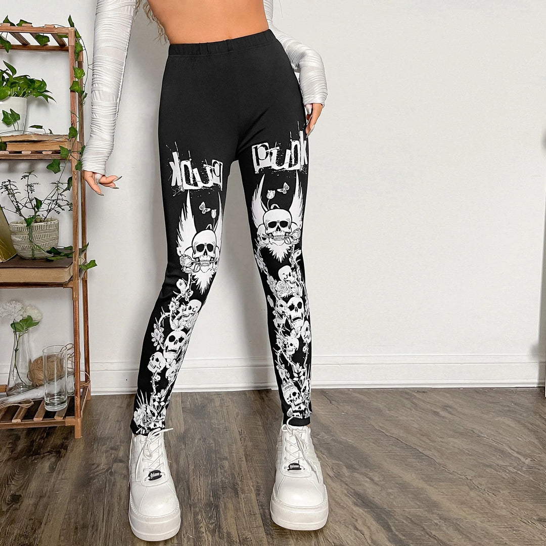 Damen Leggings mit auffälligem Totenkopf- und floralem Design Heidi-Mode