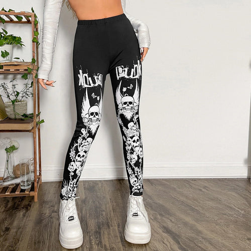 Damen Leggings mit auffälligem Totenkopf- und floralem Design Heidi-Mode