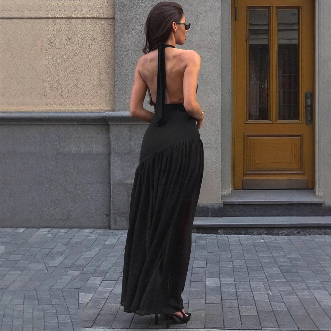 Damen Maxi-Kleid mit elegantem Stehkragen und fließendem Rock Heidi-Mode