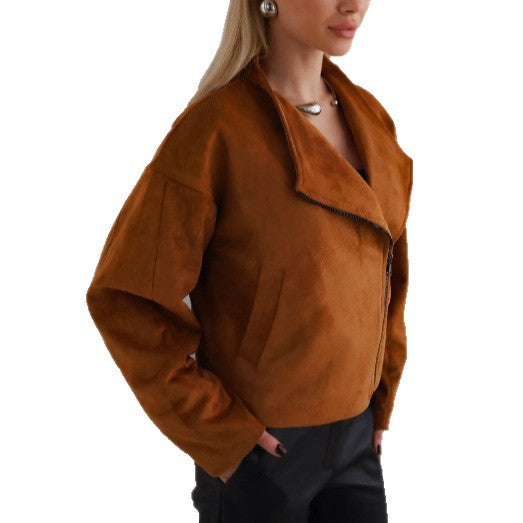 Damen Trendige Kurzjacke im lässigen Biker-Stil mit asymmetrischem Reißverschluss und tiefem Kragen Heidi-Mode