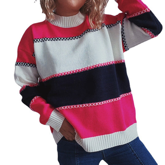 Damen modischer Streifenpullover mit hochgeschlossenem Kragen und lässigem Schnitt Heidi-Mode