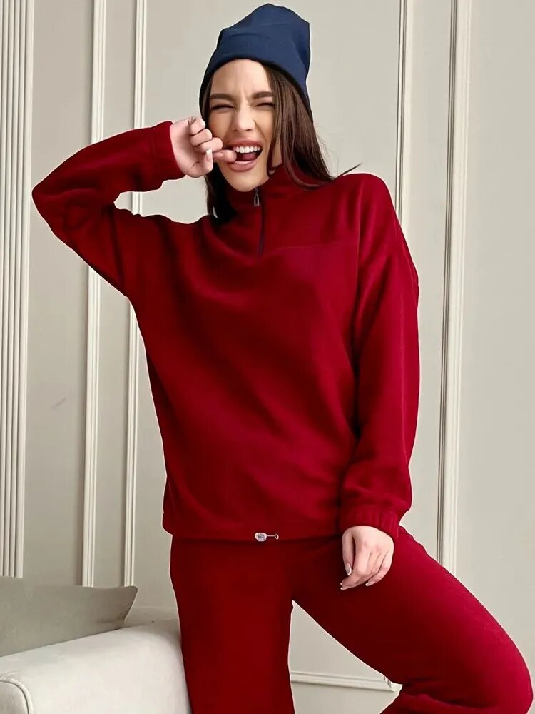 Damen Kuscheliges Fleece-Loungewear-Set mit Halb-Reißverschluss und elastischem Bund Heidi-Mode