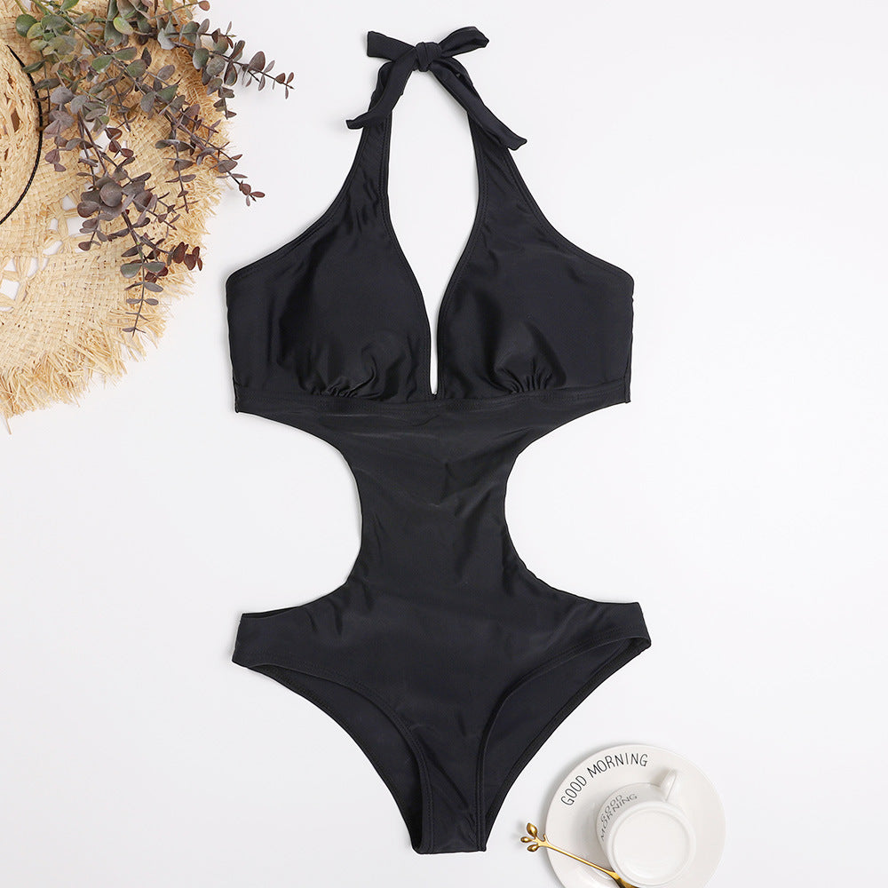 Damen Cut-Out Badeanzug mit verstellbarem Halsband und tiefem V-Ausschnitt Heidi-Mode