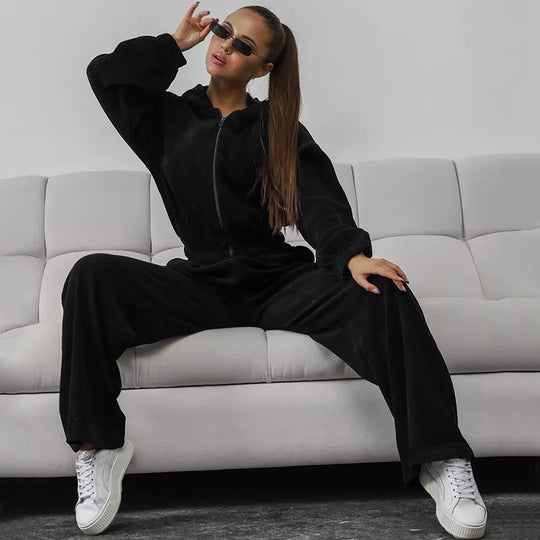 Damen Thermo Fleece Trainingsanzug mit Kapuze und weitem Bein Heidi-Mode
