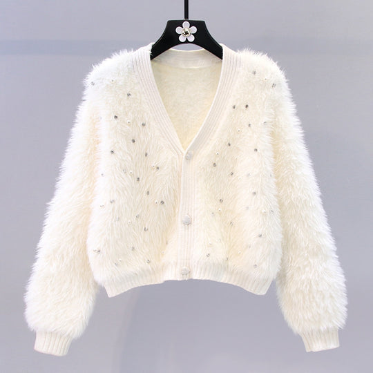 Damen Flauschiger Kurz-Cardigan mit dezenten Knopfdetails Heidi-Mode