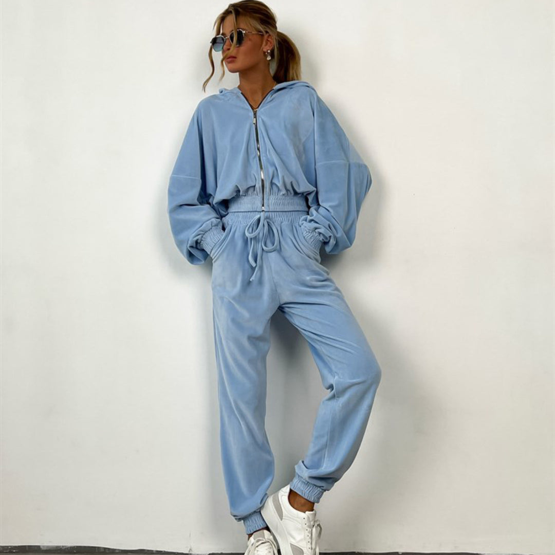 Damen sportlicher Fleece-Jogginganzug mit hohem Kragen und elastischem Bund Heidi-Mode