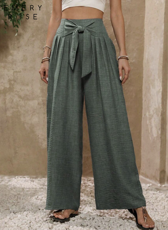 Damen Weite Hochtaillierte Hose mit Schleifenbund und Falten Heidi-Mode